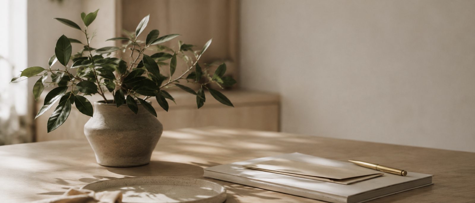 Mesa de trabalho organizada, com uma pequena planta e papéis em ordem na luz da manhã